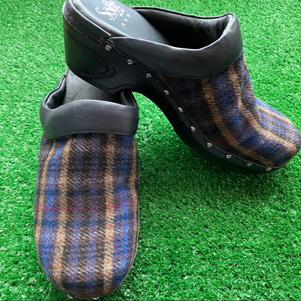 Sofft Bellrose Wool Blue and Brown Plaid Clogs